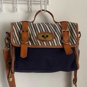 Fossil Navy and Brown Canvas Satchel